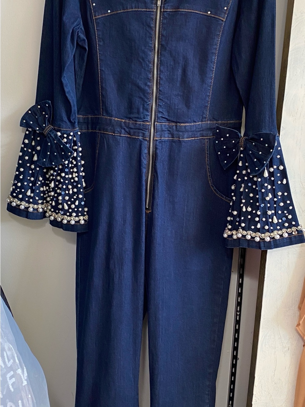 Embellished Dark Blue Denim Jumpsuit with Pearl Bell Sleeves